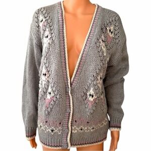 Vintage Grey Cottagecore Koret Granny Sweater Cardigan Hand Knitted Large 80s